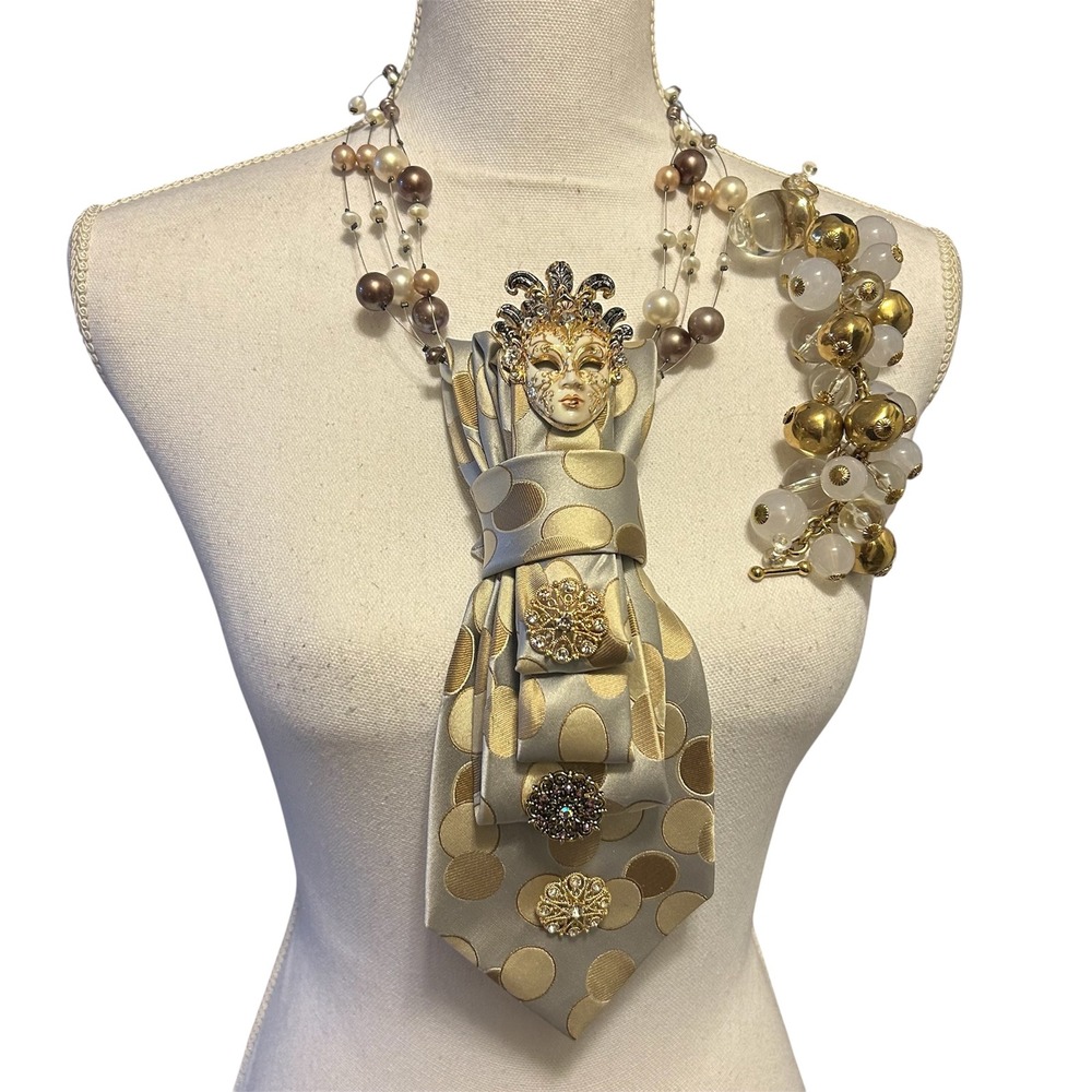 Geoffrey Beene Upcycled Silk Tie Masquerade Mask Necklace & Bracelet Set Gold - Picture 3 of 11
